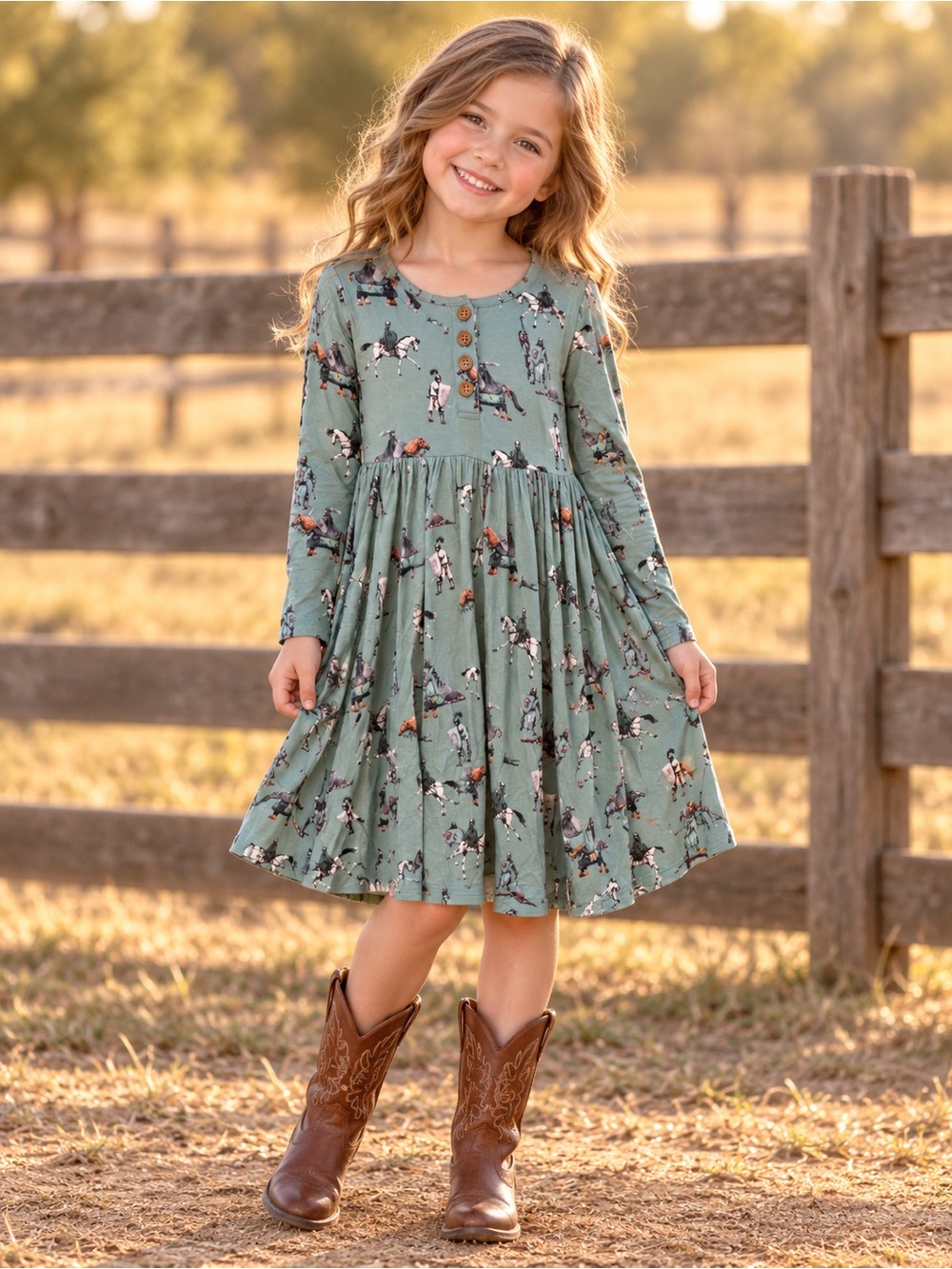 Title: Posh Peanut Girls Size 6 Horse Knight Print Long Sleeve Dress NWT